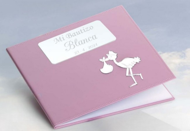 Álbum rosa cigüeña para Detalle bautizo personalizado