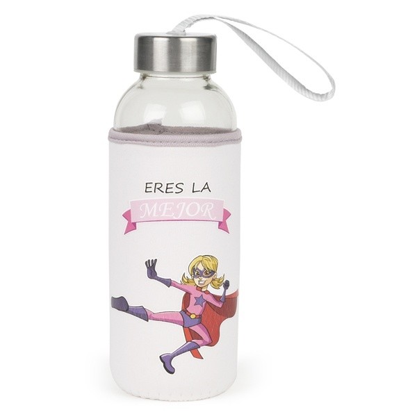 Bidón cristal con neopreno de Súper héroes para Detalle de Bautizo Niña
