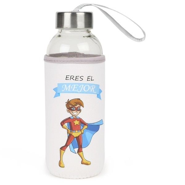 Bidón cristal con neopreno de Súper héroes para Detalle de Bautizo Niño