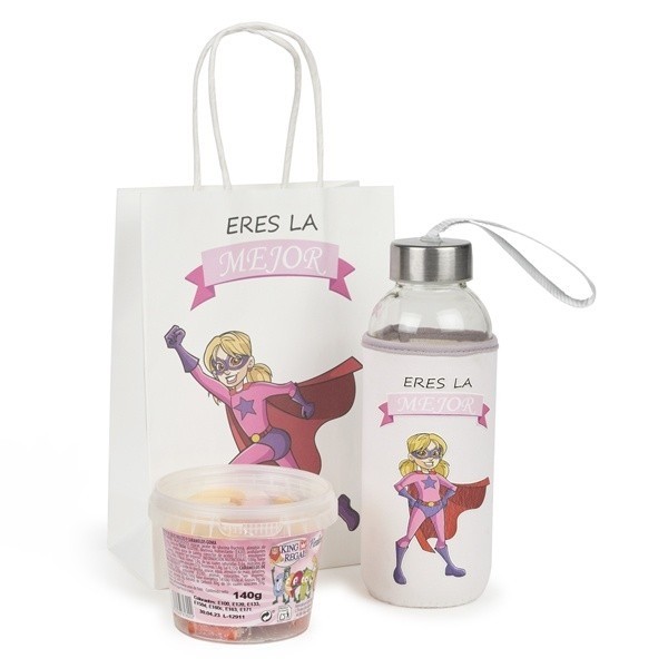 Detalle Bautizo bidón cristal niña con bote chuches con bolsa