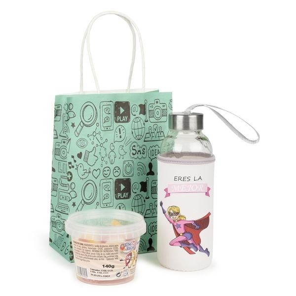 Detalle Bautizo bidón de cristal niña con bote chuches con bolsa