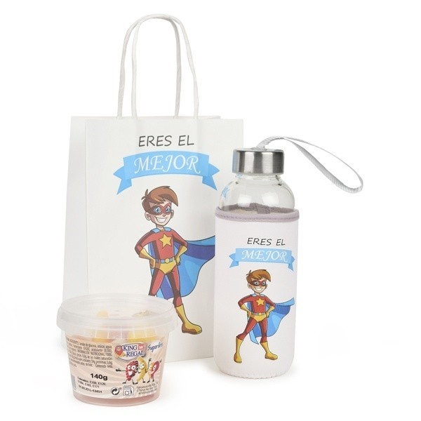 Detalle Bautizo bidón cristal niño con bote chuches con bolsa niño