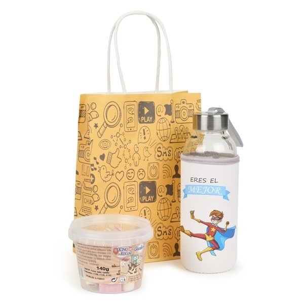 Detalle Bautizo bidón de cristal niño con bote chuches con bolsa