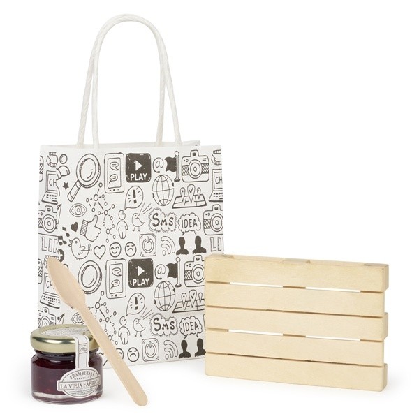 Detalle Bautizo bote de mermelada con posavasos palet en bolsa Kraft