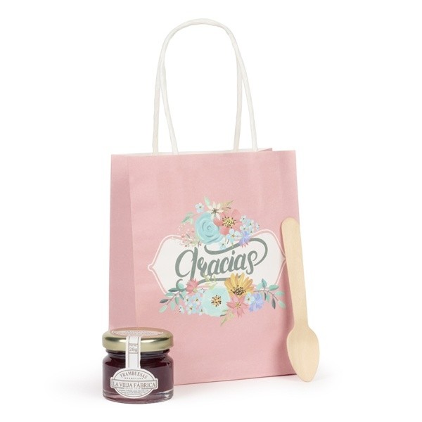 Detalle Bautizo Bote mermelada mini con cuchara de madera en bolsa regalo