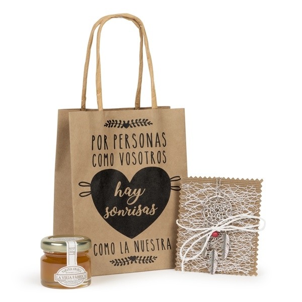 Detalle Bautizo Bote mermelada y medallón atrapasueños en bolsa Kratf