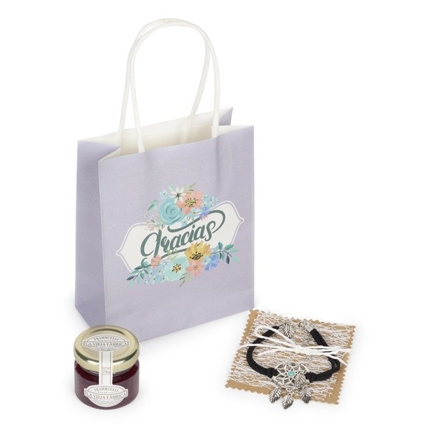 Detalle Bautizo Bote mermelada y pulsera atrapasueños en bolsa de regalo