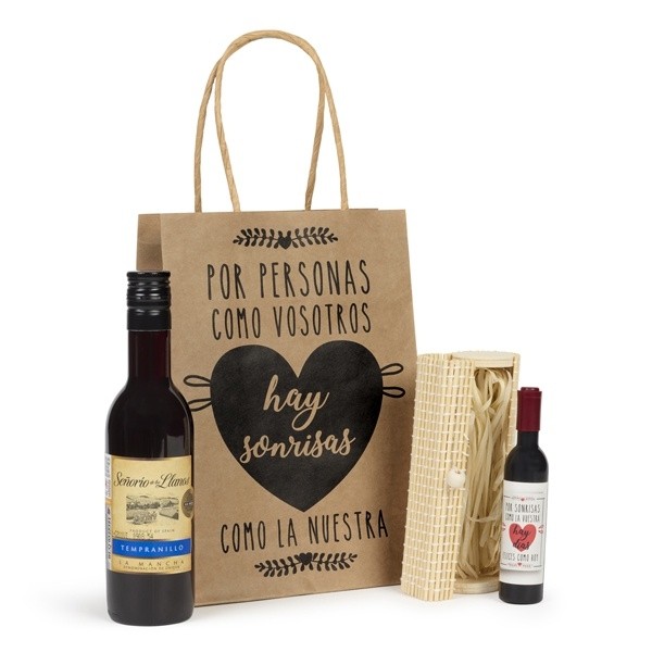 Botella de vino y abridor frases con estuche de bambú Detalle bautizo 