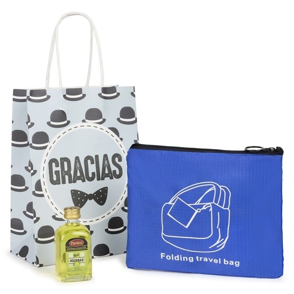 Detalle Bautizo Botella licor y bolsa de mano plegable en bolsa kraft