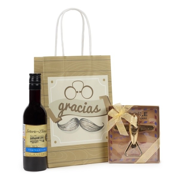 Detalle de Bautizo Botella de vino con abridor avión en bolsa 