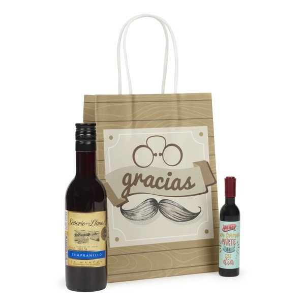 Botella de vino con abridor Frases en bolsa Kraft para Detalle de Bautizo