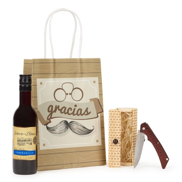 Botella de vino y navaja en estuche de Bambu con bolsa Kraft 