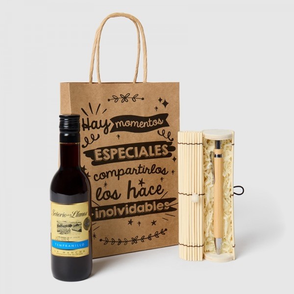 Caja bambú boli madera con vino con bolsa