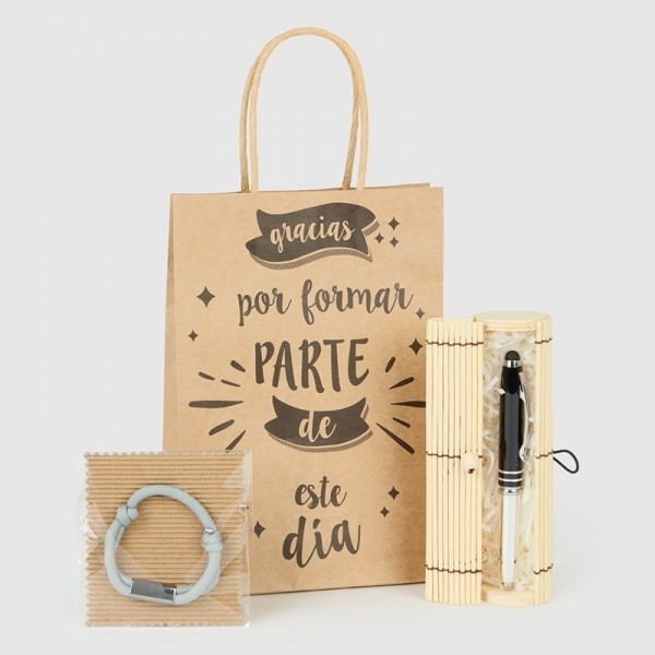 Detalle Bautizo caja bambú bolígrafo multifunciones con pulsera de nudos con bolsa
