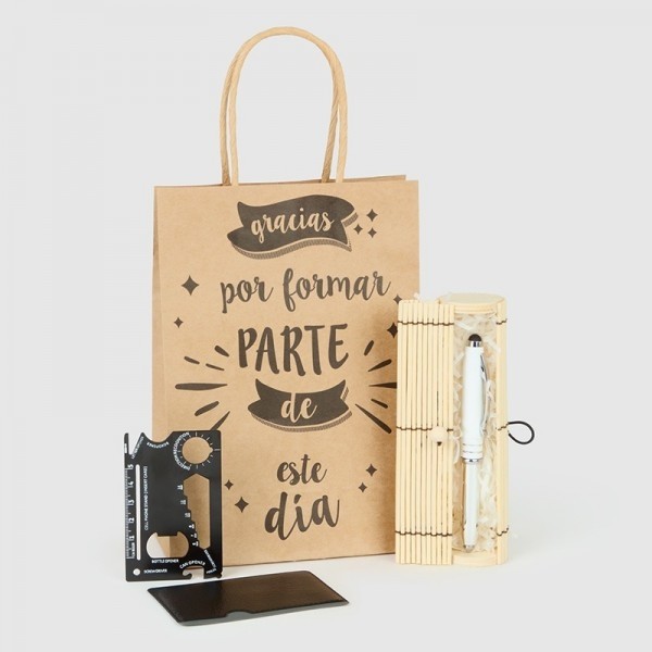 Detalles Bautizo Caja bambú bolígrafo multifunciones con multiherramientas con bolsa
