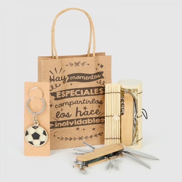 Detalle bautizo navaja multiusos con llavero de futbol con bolsa