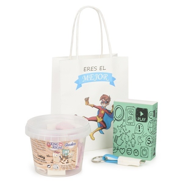 Detalle Bautizo caja con conector USB con bote chuches con bolsa