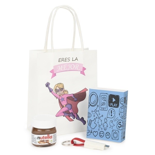 Detalle bautizo Llavero conector USB en caja con Nutella con bolsa