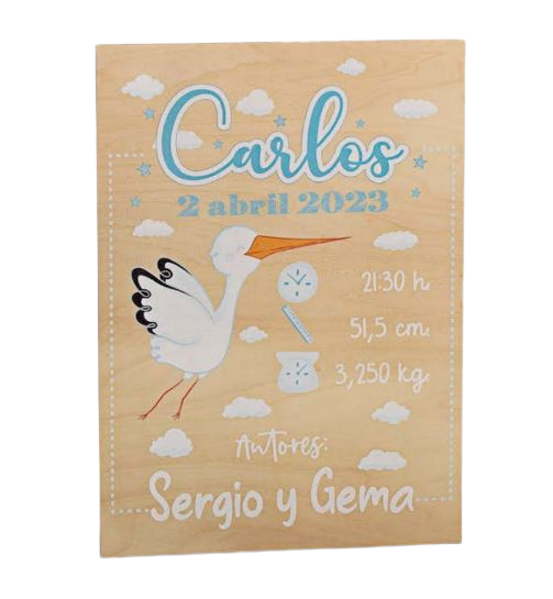 Cartel de bienvenida Cigüeña celeste personalizado 