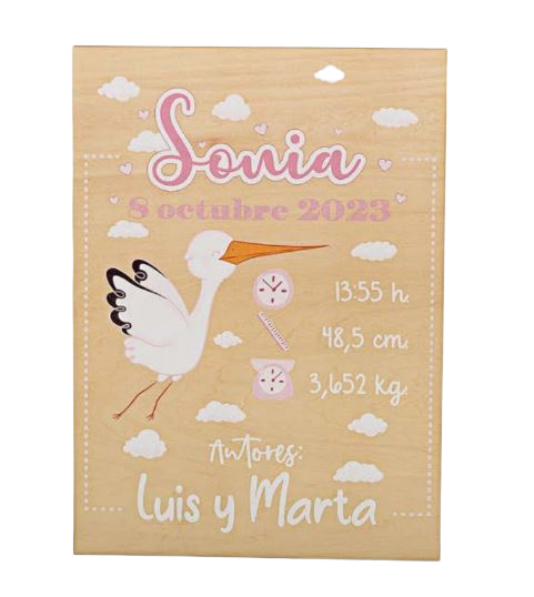 Cartel de bienvenida Cigüeña Rosa personalizado