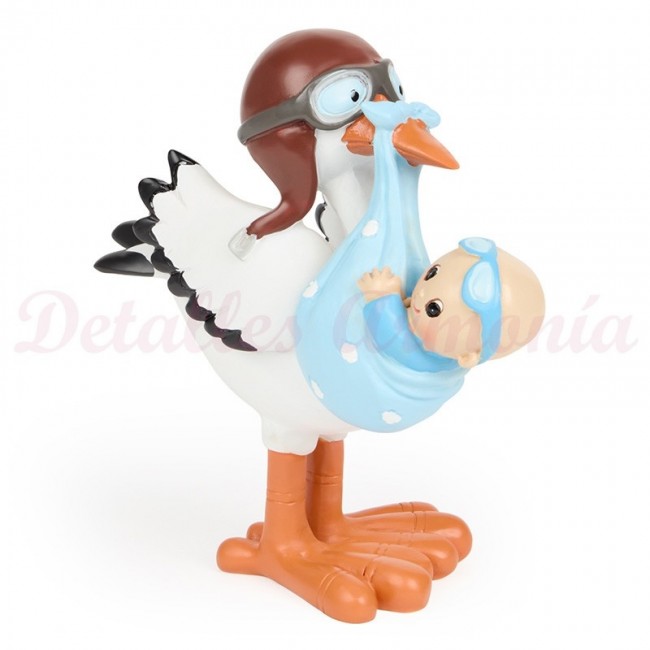 Cigüeña azul con gafas para tarta de bautizo