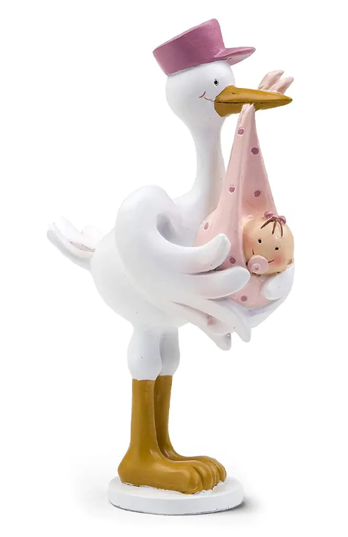 Cigüeña con niña en el pico para tarta de bautizo 