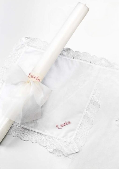 Cirio y pañuelo con personalización rosa para Detalle Bautizo