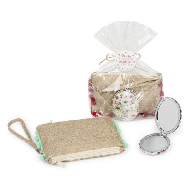 Conjunto compuesto Portatodo pompón y espejo floral Detalle Bautizo