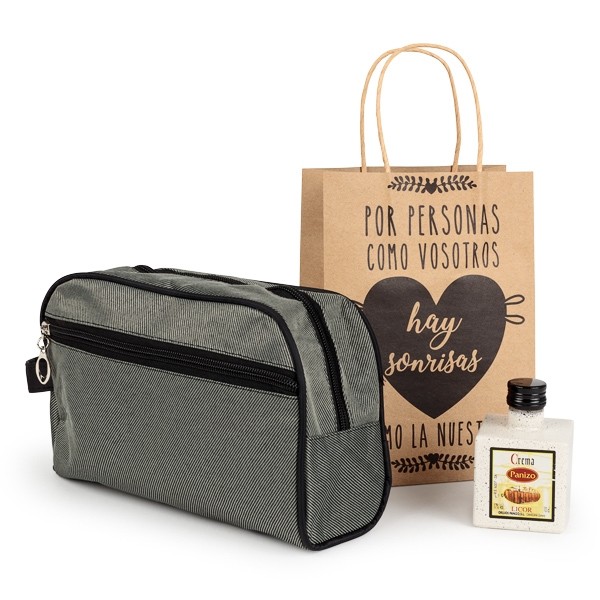 Botella licor con neceser en bolsa regalo para Detalle de Bautizo