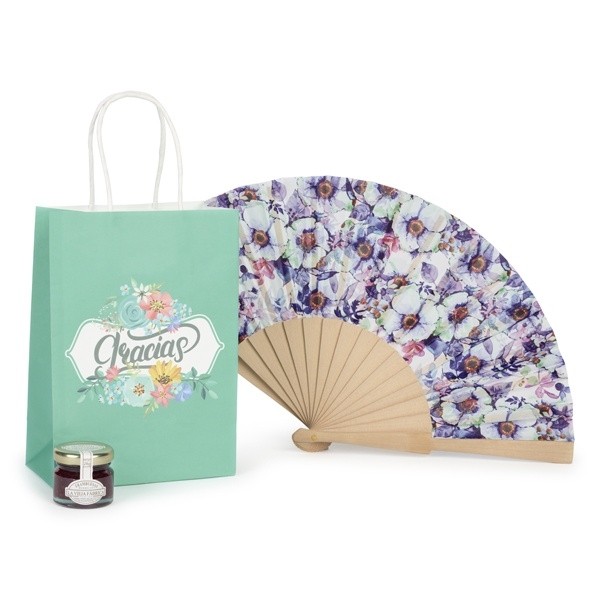 Abanico Jardín y mini mermelada en bolsa regalo para Detalle Bautizo