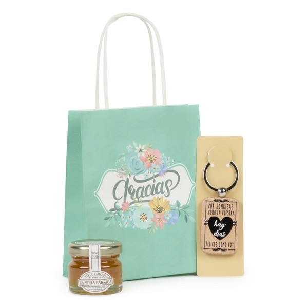 Mermelada artesanal y llavero de madera frases en bolsa para Detalle Bautizo