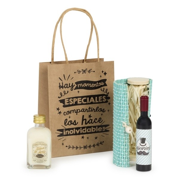Botella licor con abridor en bolsa Kraft para Detalle Bautizo