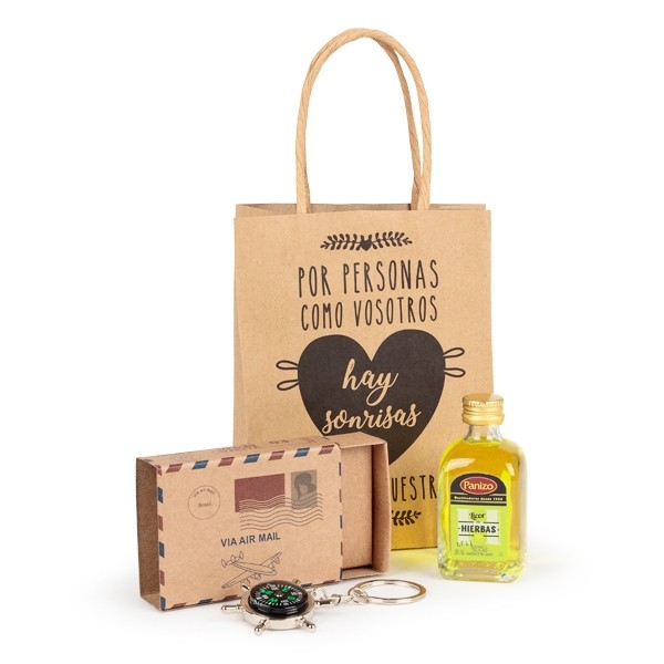 Detalle Bautizo Botella licor con llavero brújula en bolsa regalo