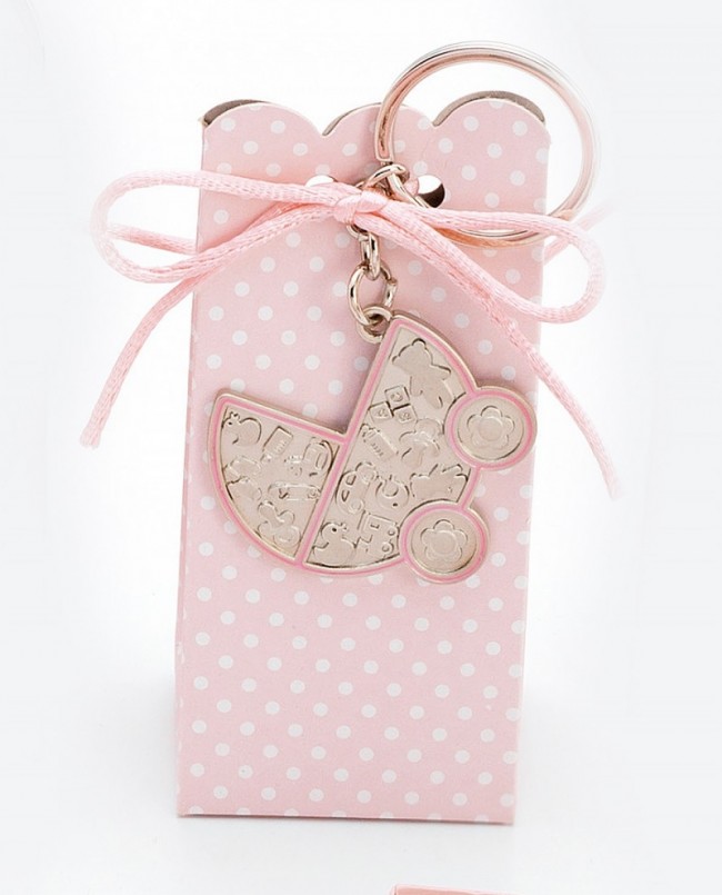 Detalle Bautizo cajita peladilla llavero carrito rosa