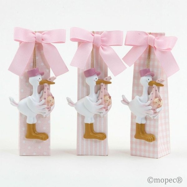 Imán cigüeña rosa en caja para Detalle Bautizo