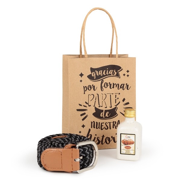 Detalle Bautizo Botella licor con cinturón elástico bicolor en bolsa regalo