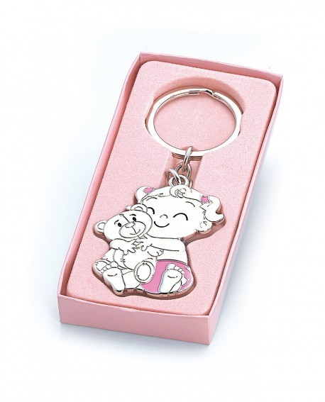 Detalle Bautizo Llavero Niña con coletas en estuche rosa 