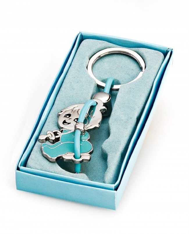 Detalle Bautizo Llavero bebé en columpio azul con estuche