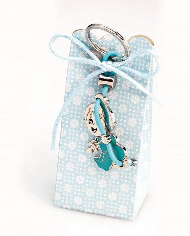 Detalle Bautizo Llavero bebé en columpio azul con peladillas