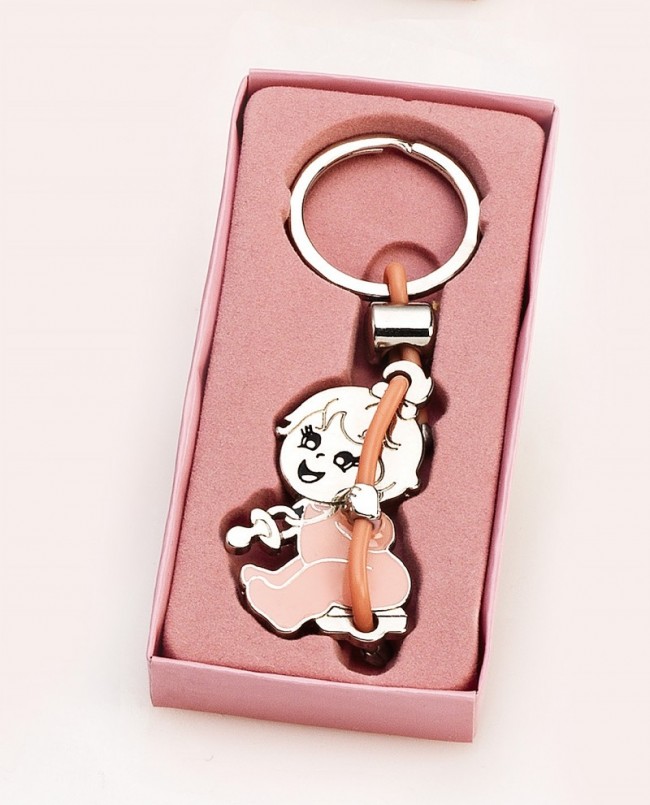 Detalle Bautizo Llavero bebé en columpio rosa con estuche