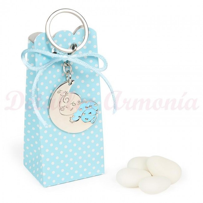 Detalle Bautizo Llavero luna con caja azul de peladillas