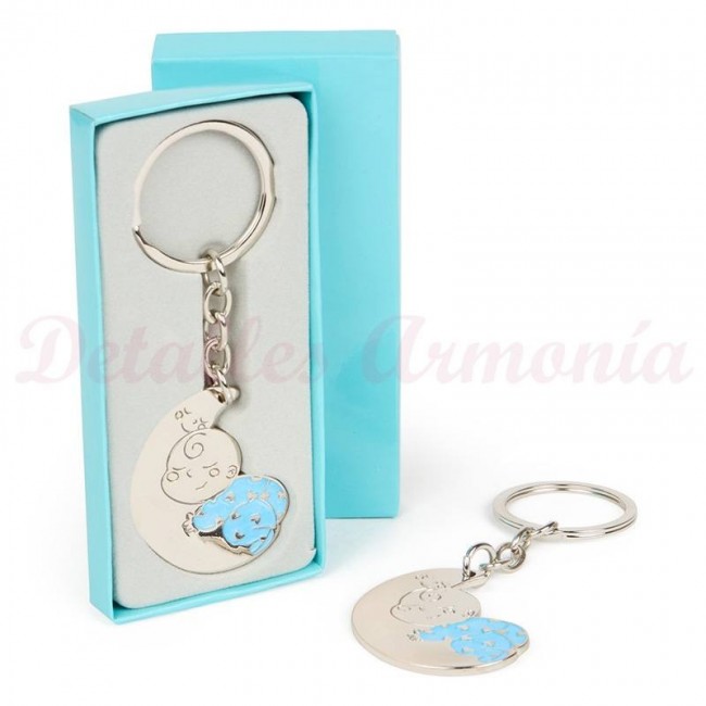 Detalle Bautizo Llavero bebé en luna con caja azul