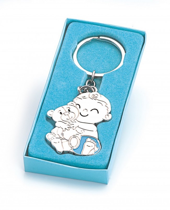 Detalle Bautizo Llavero Niño con osito en estuche azul 