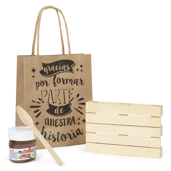 Detalle Bautizo Mini Nutella con posavasos palet en bolsa de regalo