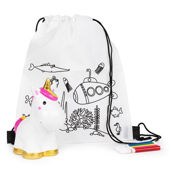 Mochila con hucha de unicornio para detalle de bautizo niños