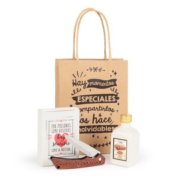 Detalle Bautizo Botella licor con navaja en caja con frases en bolsa