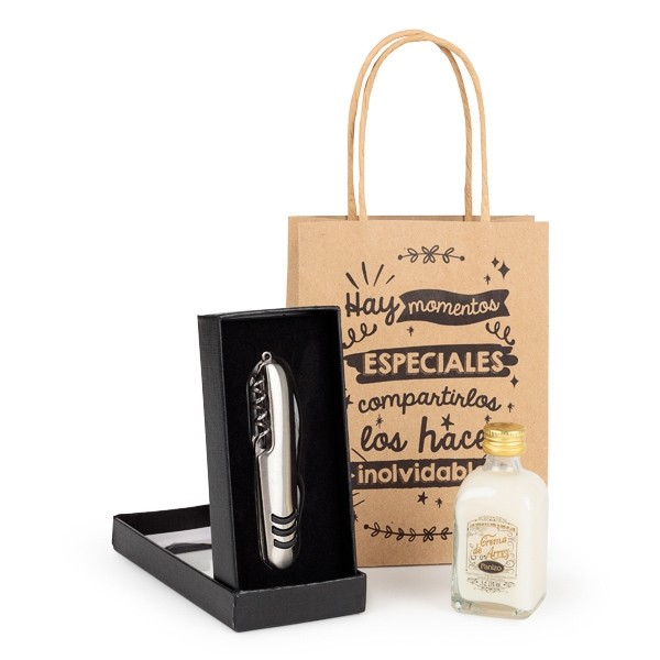 Detalle Bautizo Botella licor con navaja multiusos en bolsa regalo