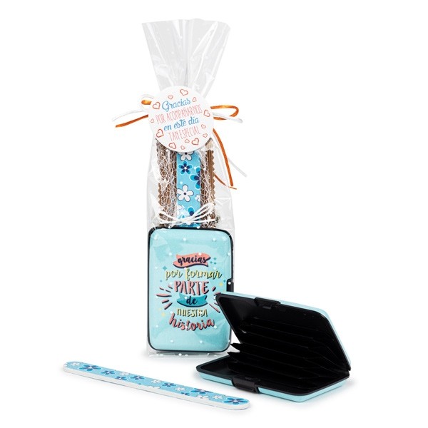 Tarjetero frases con lima uñas estuchada para detalle bautizo mujer con envoltorio