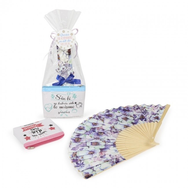 Detalle Bautizo Pack de monedero frases y abanico floral en bolsa Kraft