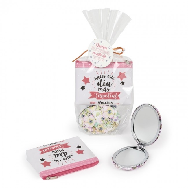 Detalle Bautizo Pack monedero frases y espejo floral en bolsa regalo